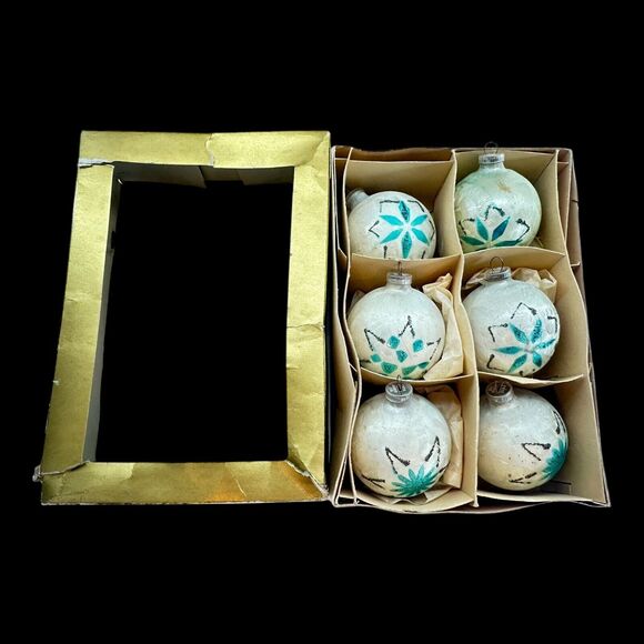 (6) Piece Glass Christmas Ornament West Germany D.G.M.a Plastic Cap Mica 3" VTG